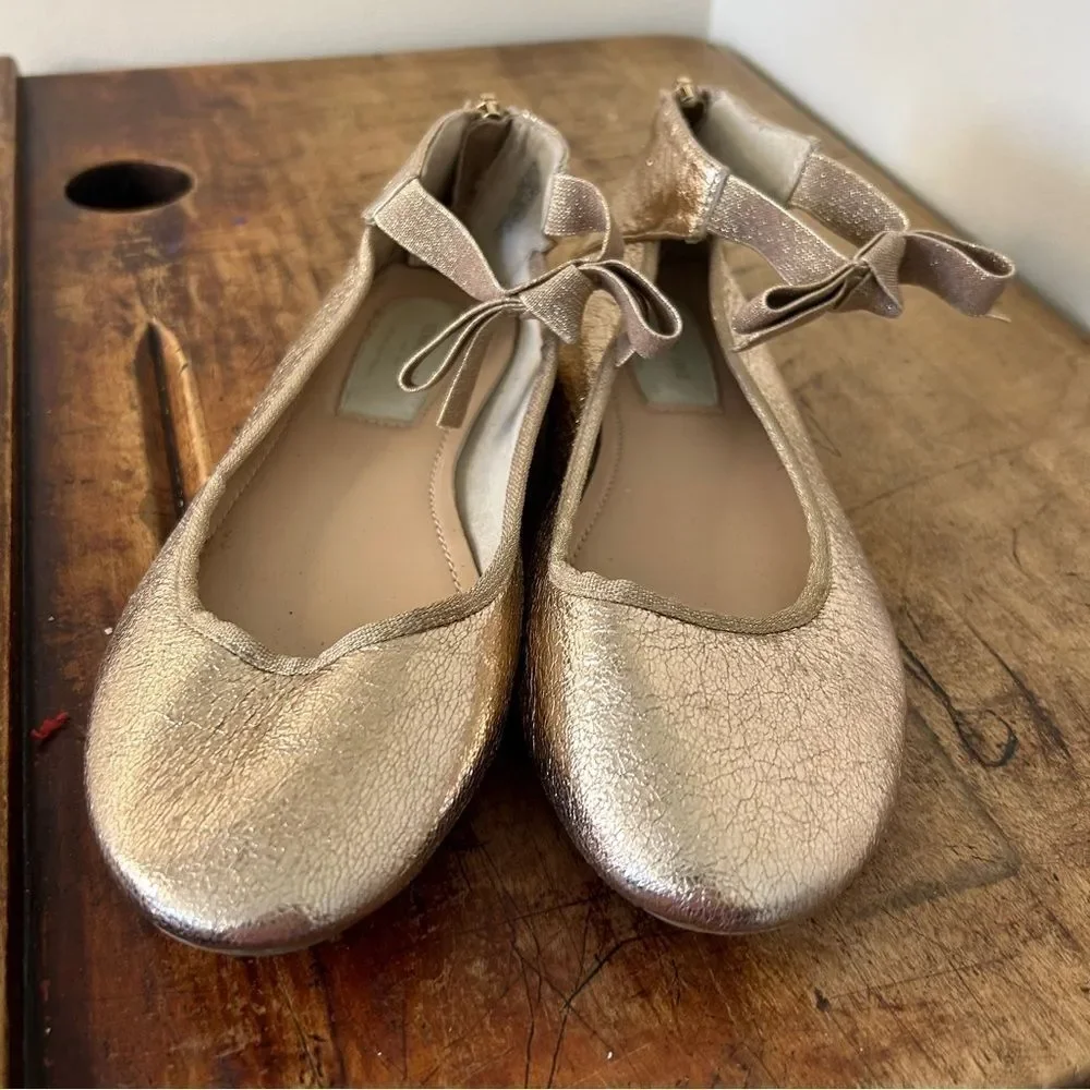 Kenneth Cole Rose Gold Metallic Ankle Strap Flats Shoes Bow Detail Girls 4.5